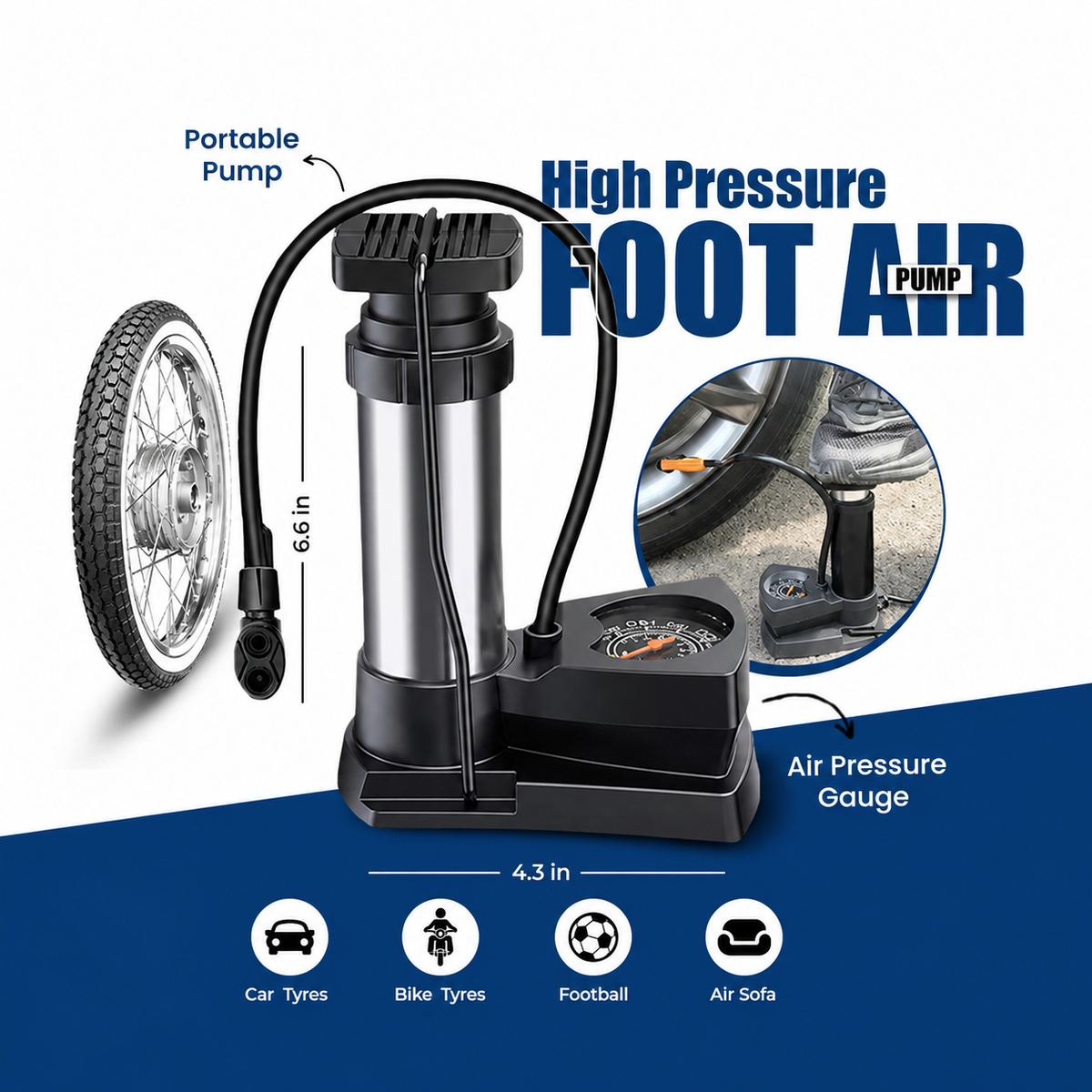 Portable High Pressure Foot Tyre Inflator Pump