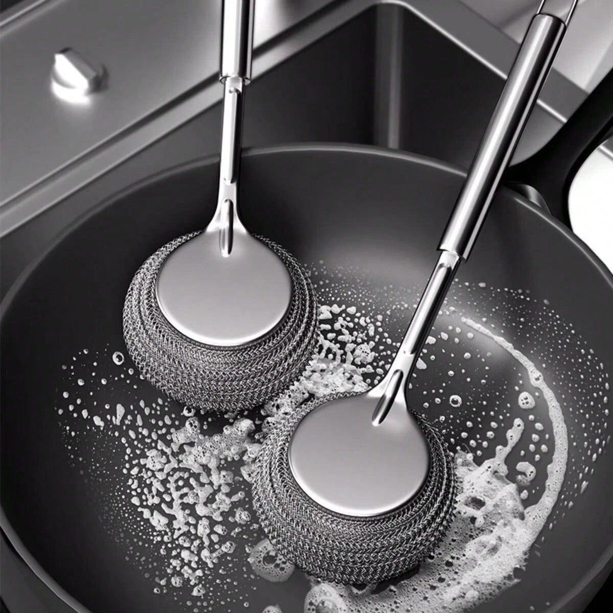 Long Handle Stainless Steel Wire Ball Cleaning Brush